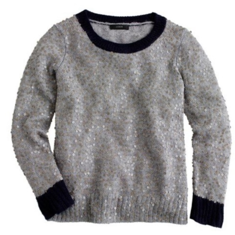 J. Crew Scattered Sequin Sweater Gray with Navy trim sz M EUC